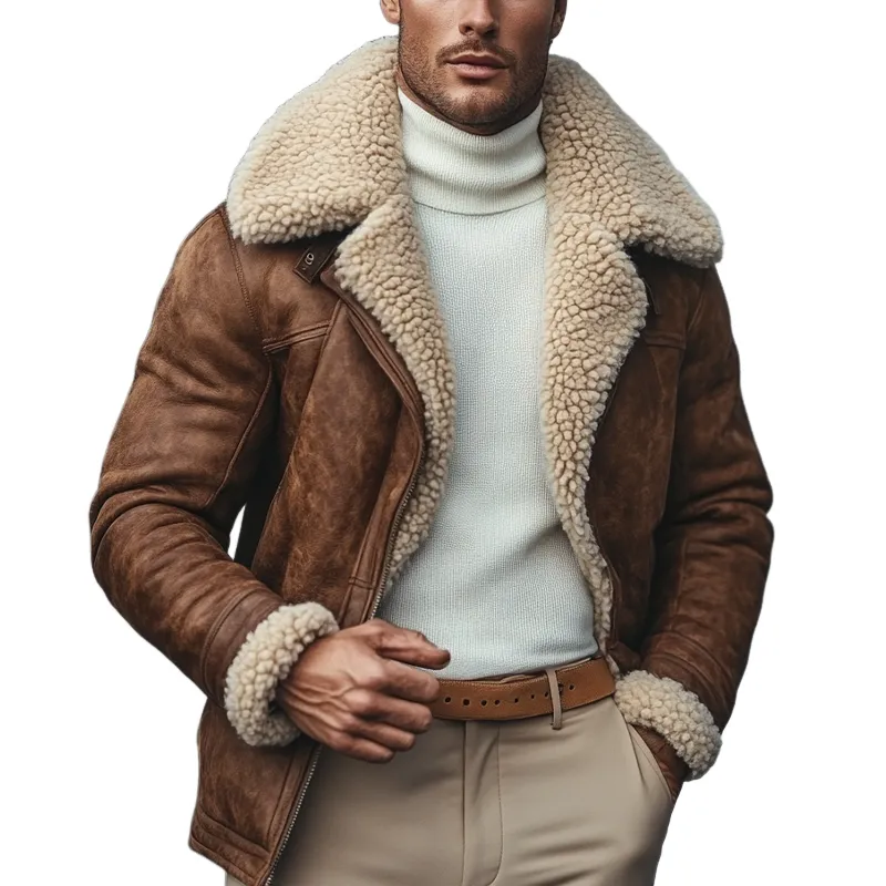 Men's Retro Patchwork Fleece Warm Loose Mid-Length Coat MTA0748K1X sold by Manly