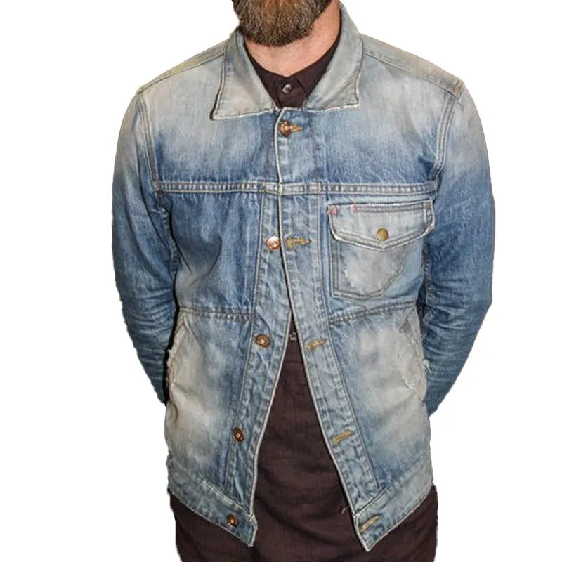 Men'S Vintage Distressed Washed Blazer Collar Multi-Pocket Denim Jacket 22821320Y sold by Manly