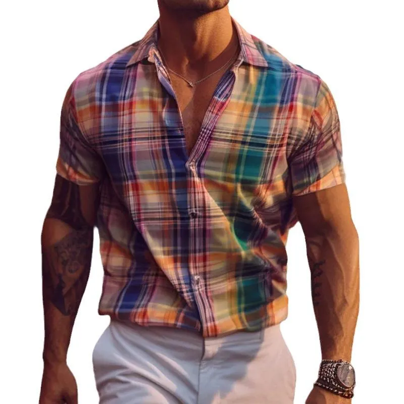 Men's Vintage Check Print Lapel Short Sleeve Shirt 74349324Y sold by Manly