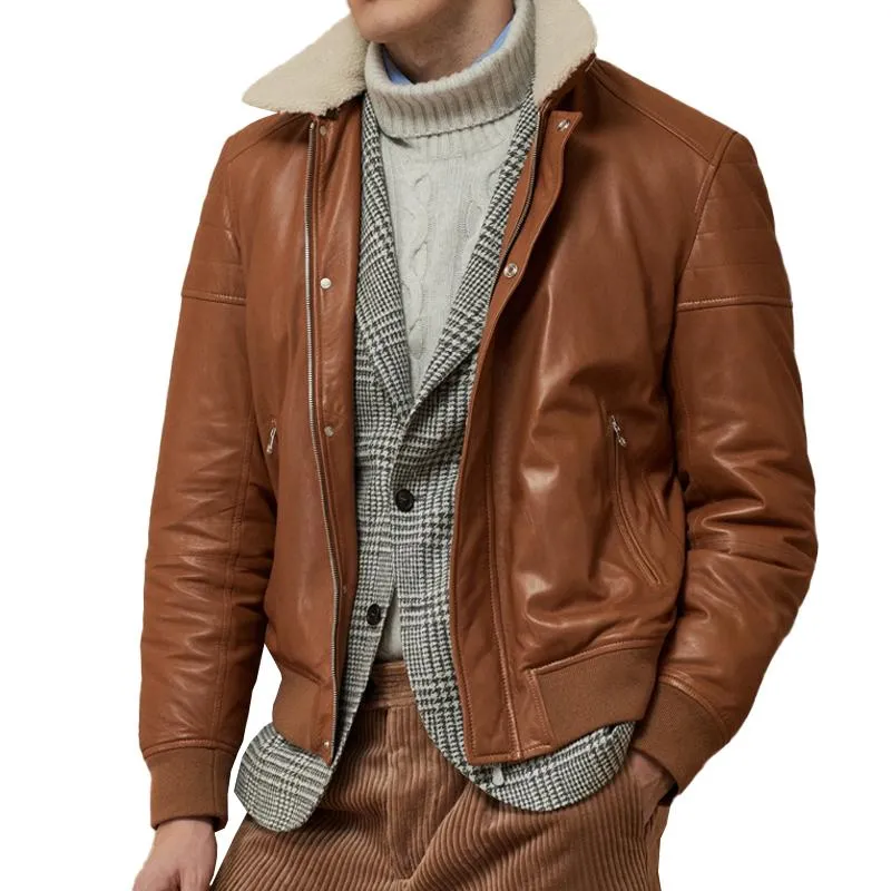 Men's Vintage Fur Collar Zip Fly Patchwork Leather Bomber Jacket 42195328M sold by Manly