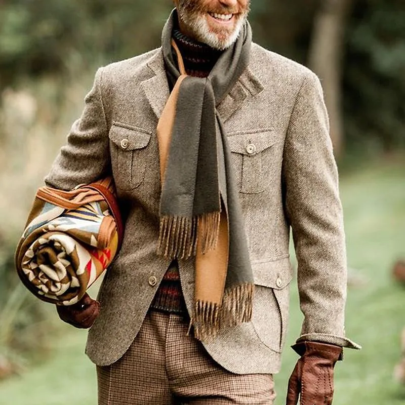 Men's Vintage Herringbone Fabric Stand Collar Multi-Pocket Safari Jacket 74248093Y sold by Manly product image thumbnail 2