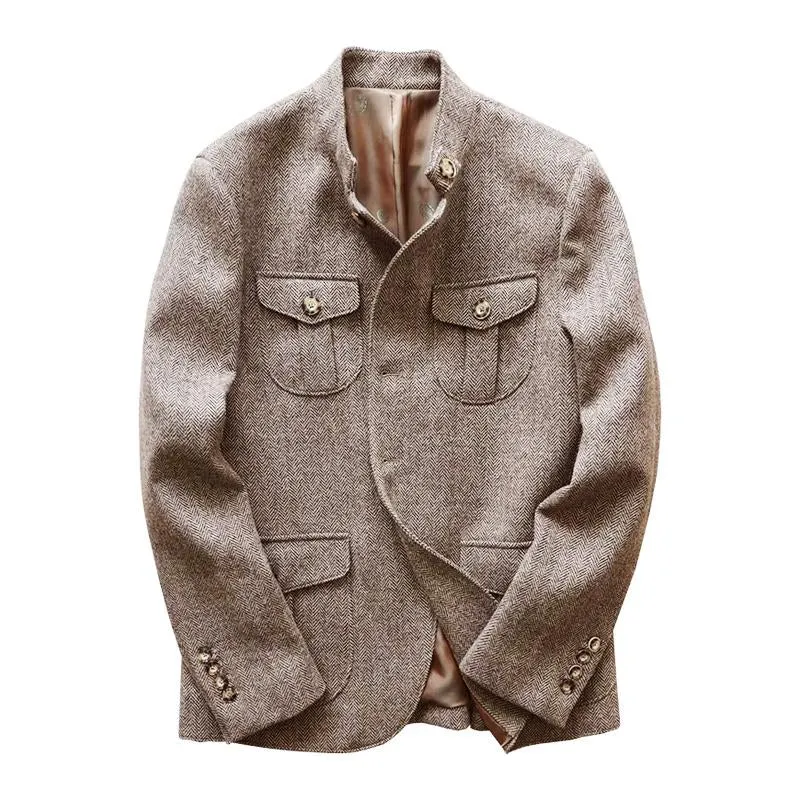 Men's Vintage Herringbone Fabric Stand Collar Multi-Pocket Safari Jacket 74248093Y sold by Manly product image thumbnail 3