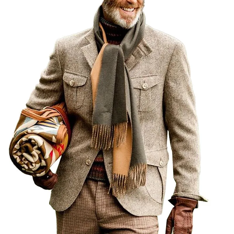 Men's Vintage Herringbone Fabric Stand Collar Multi-Pocket Safari Jacket 74248093Y sold by Manly