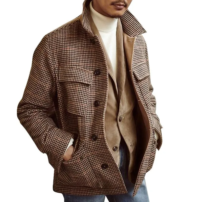 Men's Vintage Houndstooth Lapel Multi-Pocket Jacket 47384123Y sold by Manly