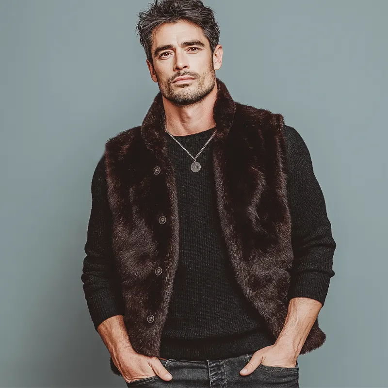 Men's Luxury Chocolate Stand Collar Velvet-Soft Faux Fur Vest MTA0763K7U sold by Manly product image thumbnail 2