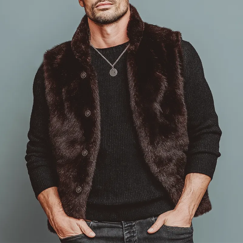 Men's Luxury Chocolate Stand Collar Velvet-Soft Faux Fur Vest MTA0763K7U sold by Manly product image thumbnail 3