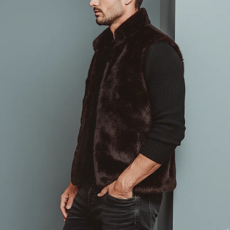 Men's Luxury Chocolate Stand Collar Velvet-Soft Faux Fur Vest MTA0763K7U sold by Manly product image thumbnail 4