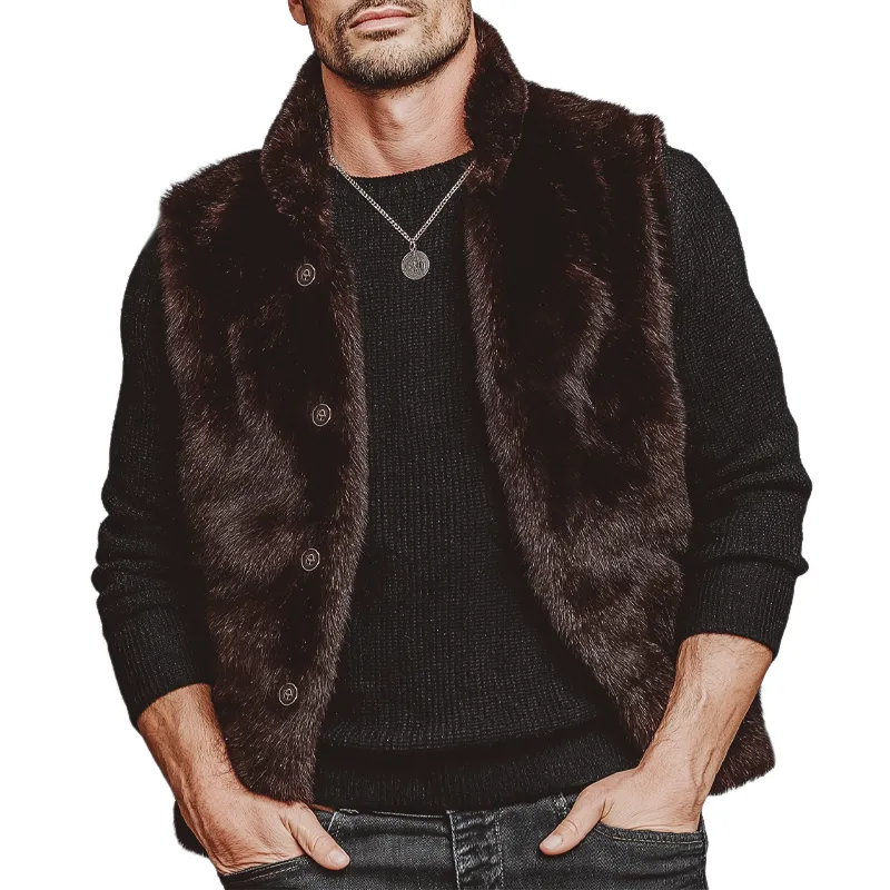 Men's Luxury Chocolate Stand Collar Velvet-Soft Faux Fur Vest MTA0763K7U sold by Manly