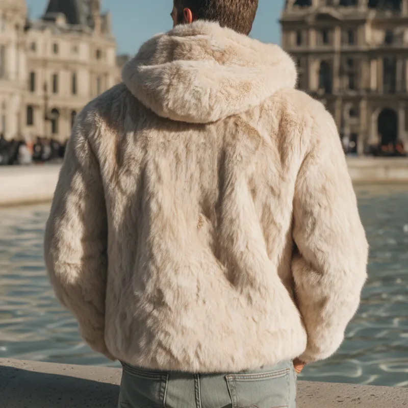 Men's Urban Beige Velvet-Soft Plush Faux Fur Hooded Jacket MTA0751K7U sold by Manly product image thumbnail 4