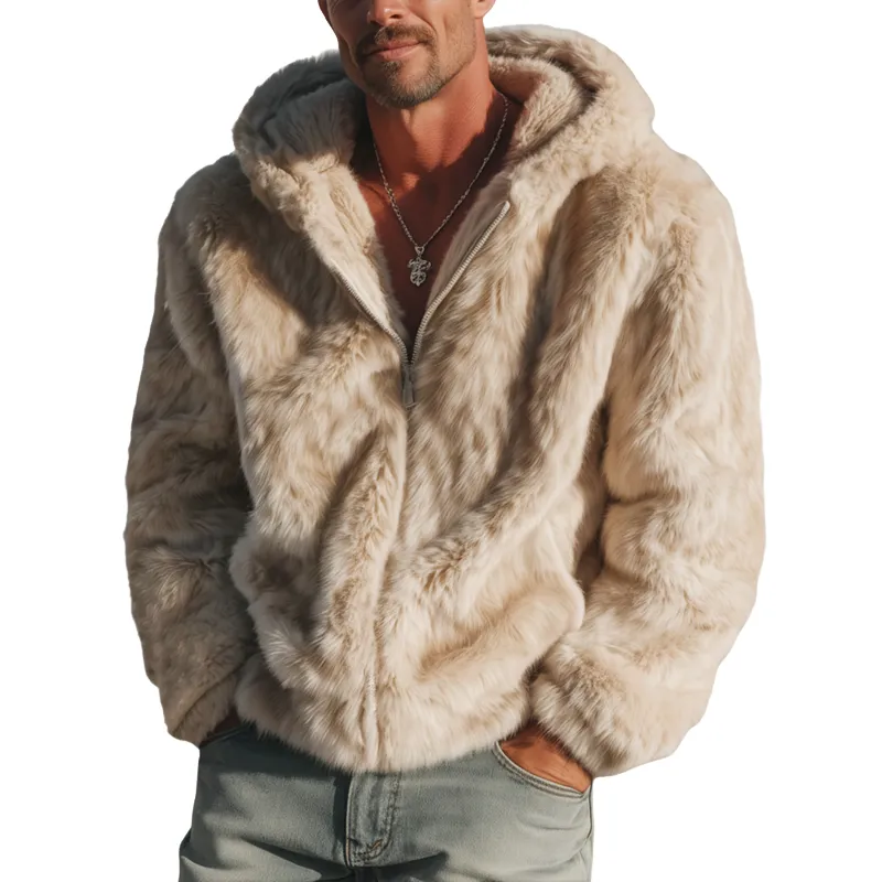 Men's Urban Beige Velvet-Soft Plush Faux Fur Hooded Jacket MTA0751K7U sold by Manly