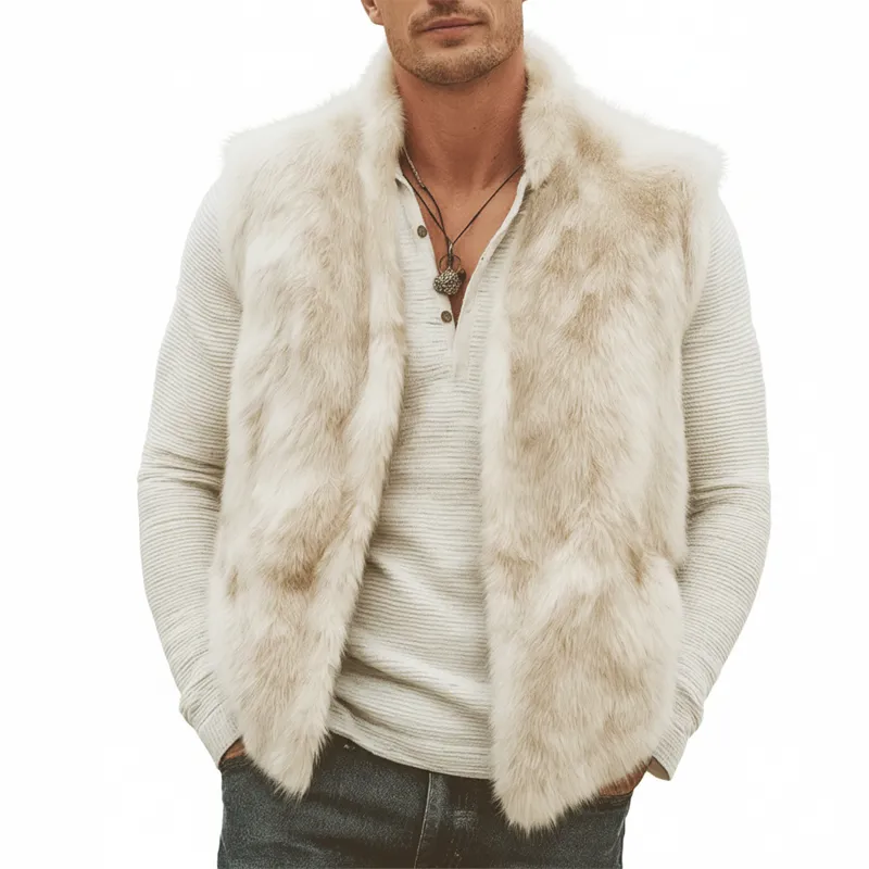 Men's Cream Beige Stand Collar Zipper Plush Faux Fur Luxury Vest MTA0740K4U sold by Manly