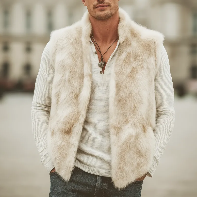 Men's Cream Beige Stand Collar Zipper Plush Faux Fur Luxury Vest MTA0740K4U sold by Manly product image thumbnail 5