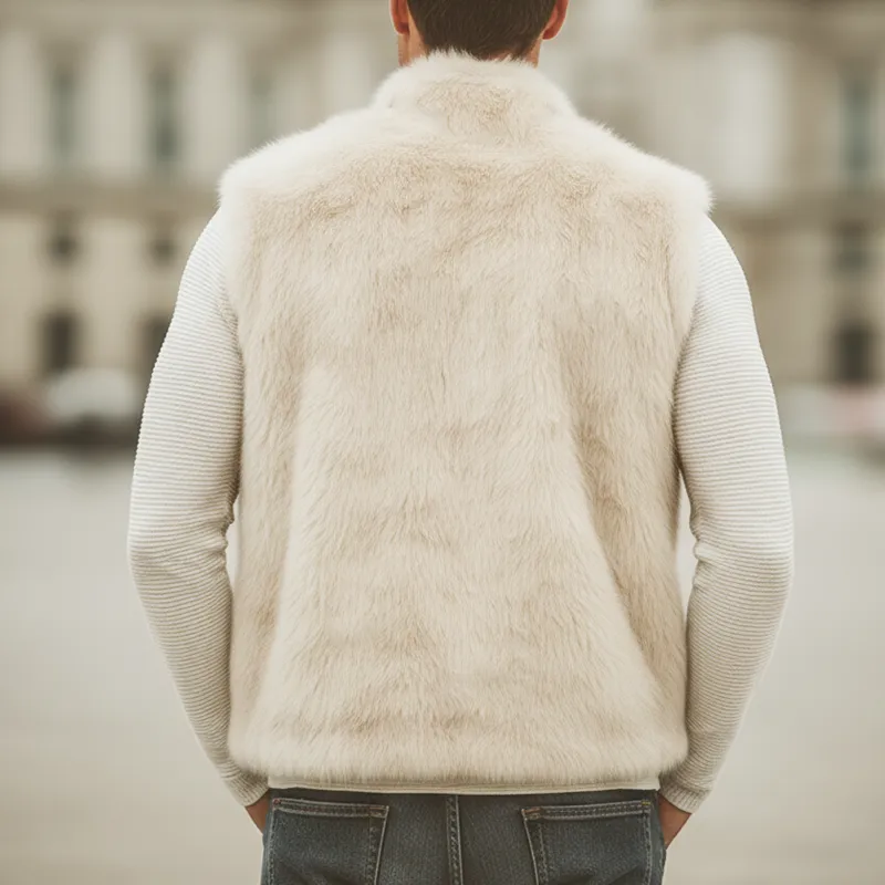 Men's Cream Beige Stand Collar Zipper Plush Faux Fur Luxury Vest MTA0740K4U sold by Manly product image thumbnail 4