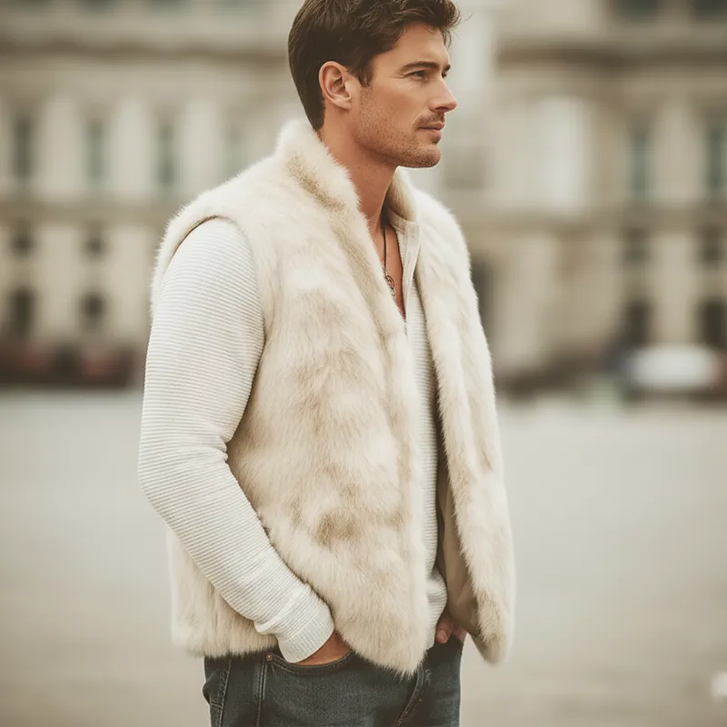 Men's Cream Beige Stand Collar Zipper Plush Faux Fur Luxury Vest MTA0740K4U sold by Manly product image thumbnail 3