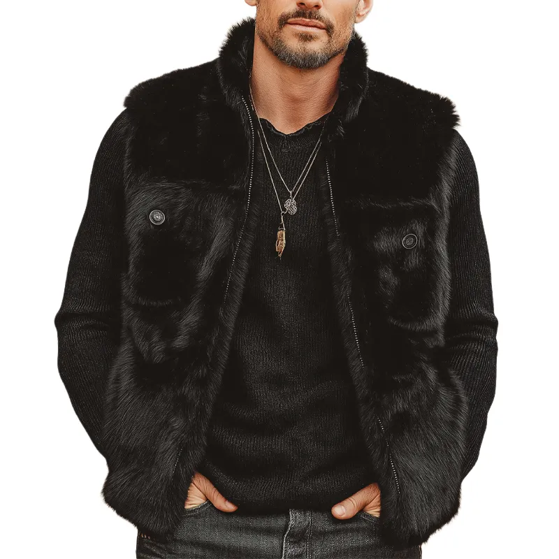 Men's Midnight Black Luxury Stand Collar Plush Faux Fur Vest MTA0713K7U sold by Manly