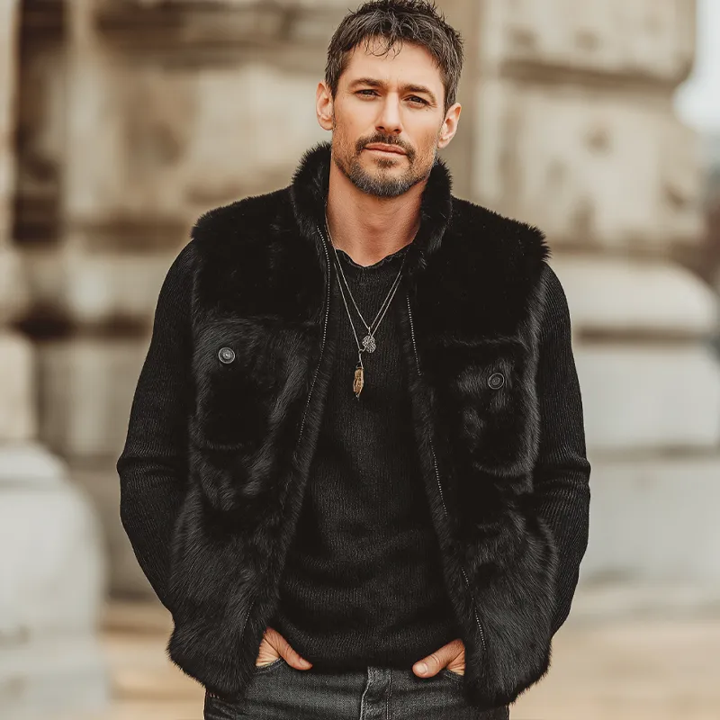 Men's Midnight Black Luxury Stand Collar Plush Faux Fur Vest MTA0713K7U sold by Manly product image thumbnail 2