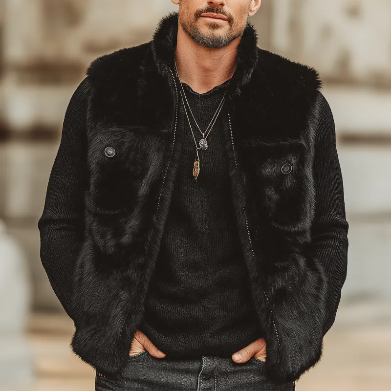 Men's Midnight Black Luxury Stand Collar Plush Faux Fur Vest MTA0713K7U sold by Manly product image thumbnail 3