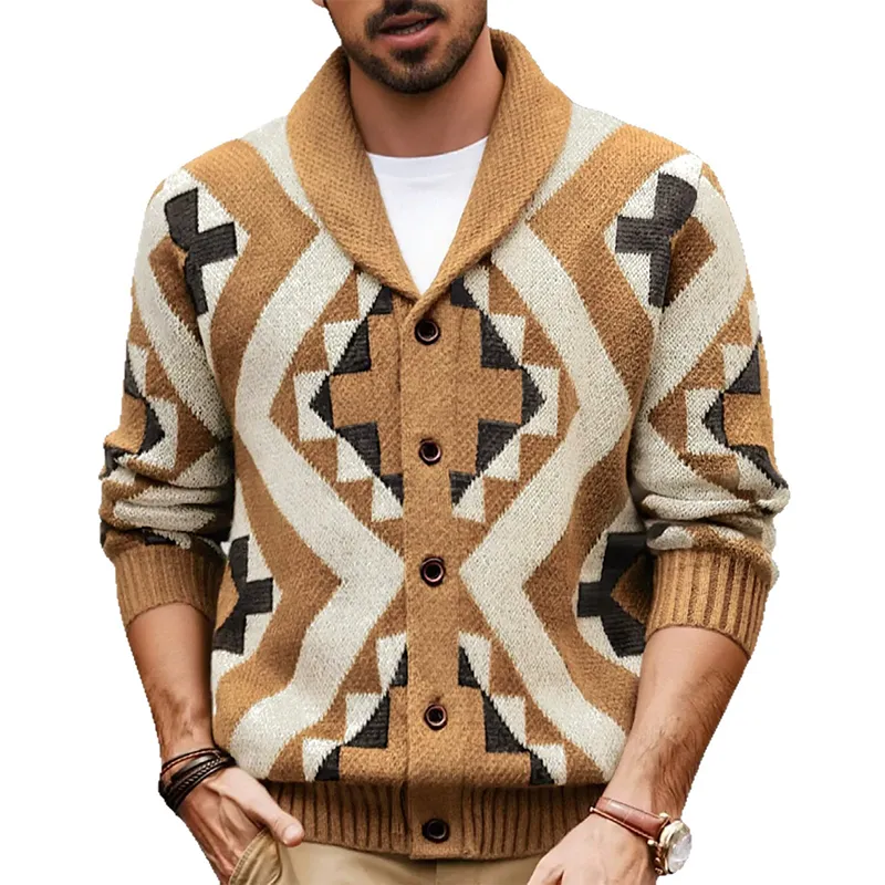 Men's Retro Geometric Jacquard Collar Knit Button Cardigan MTA0627K4X sold by Manly