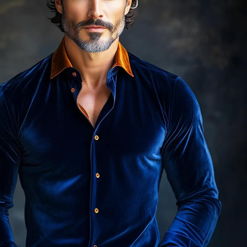 Men's Retro Patchwork Velvet Collar Long-Sleeve Shirt MTA0719K7X sold by Manly product image thumbnail 3