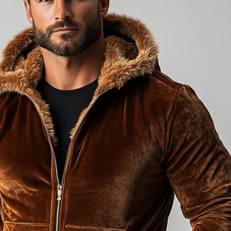 Men's Solid Color Velvet Patchwork Faux Wool Hooded Zip-up Jacket MTA0779K0X sold by Manly product image thumbnail 3