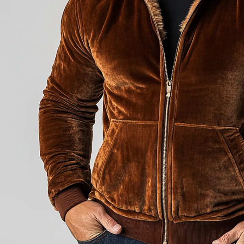 Men's Solid Color Velvet Patchwork Faux Wool Hooded Zip-up Jacket MTA0779K0X sold by Manly product image thumbnail 4