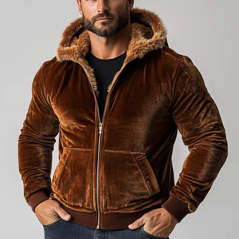 Men's Solid Color Velvet Patchwork Faux Wool Hooded Zip-up Jacket MTA0779K0X sold by Manly product image thumbnail 2