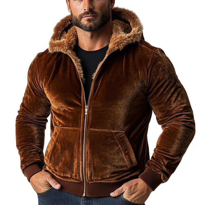 Men's Solid Color Velvet Patchwork Faux Wool Hooded Zip-up Jacket MTA0779K0X sold by Manly