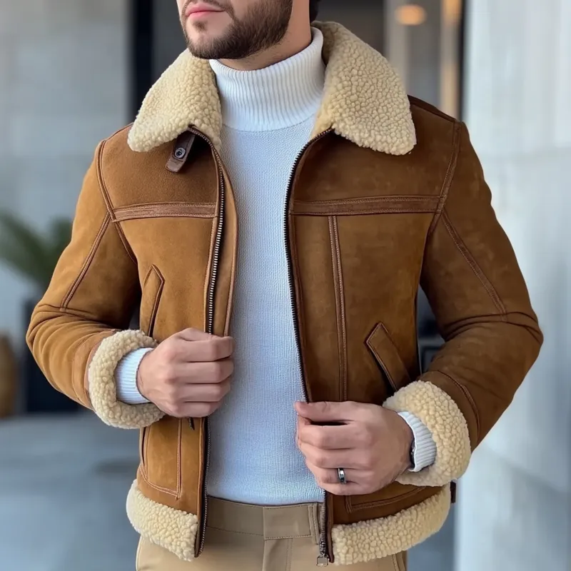 Men's Retro Faux Suede Patchwork Fleece Collar Zipper Jacket MTA0717K4X sold by Manly product image thumbnail 2