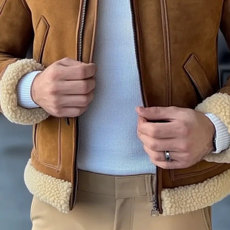 Men's Retro Faux Suede Patchwork Fleece Collar Zipper Jacket MTA0717K4X sold by Manly product image thumbnail 4