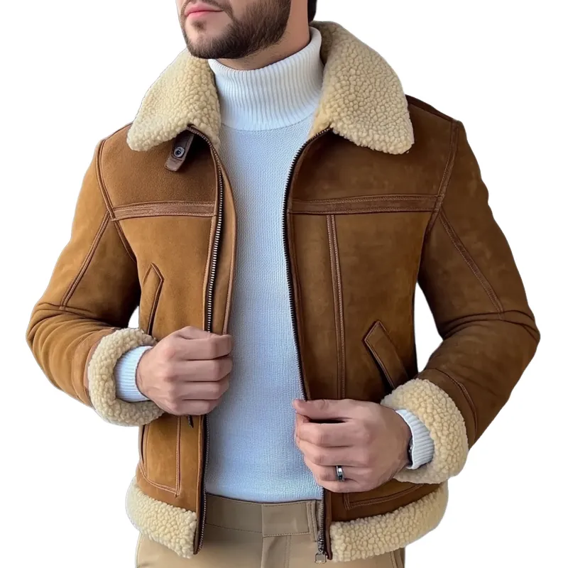 Men's Retro Faux Suede Patchwork Fleece Collar Zipper Jacket MTA0717K4X sold by Manly