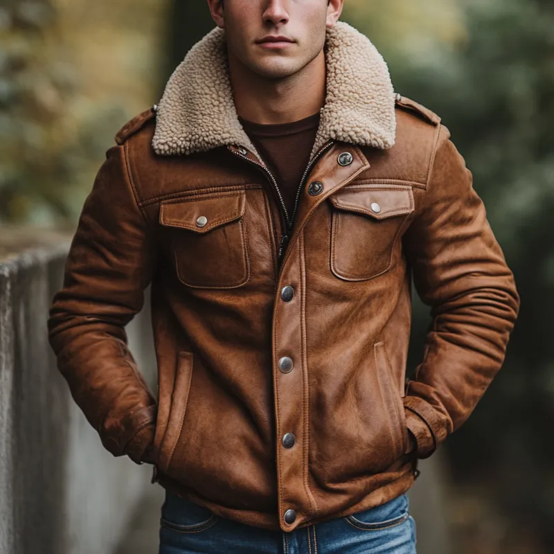 Men's Retro Fleece Collar Patchwork PU Leather Jacket MTA0710K6X sold by Manly product image thumbnail 2