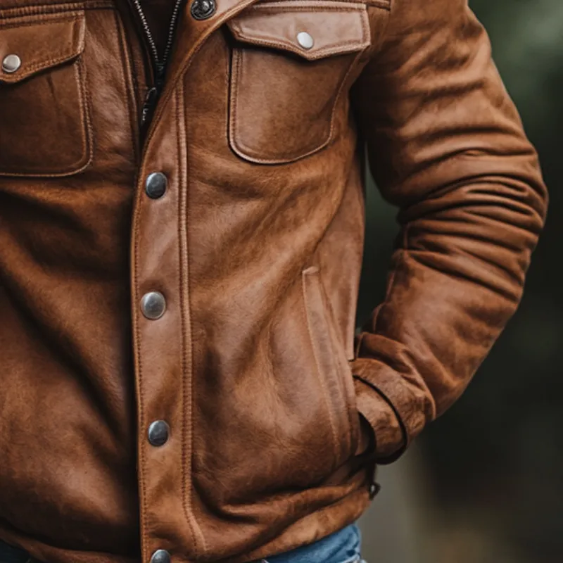 Men's Retro Fleece Collar Patchwork PU Leather Jacket MTA0710K6X sold by Manly product image thumbnail 3