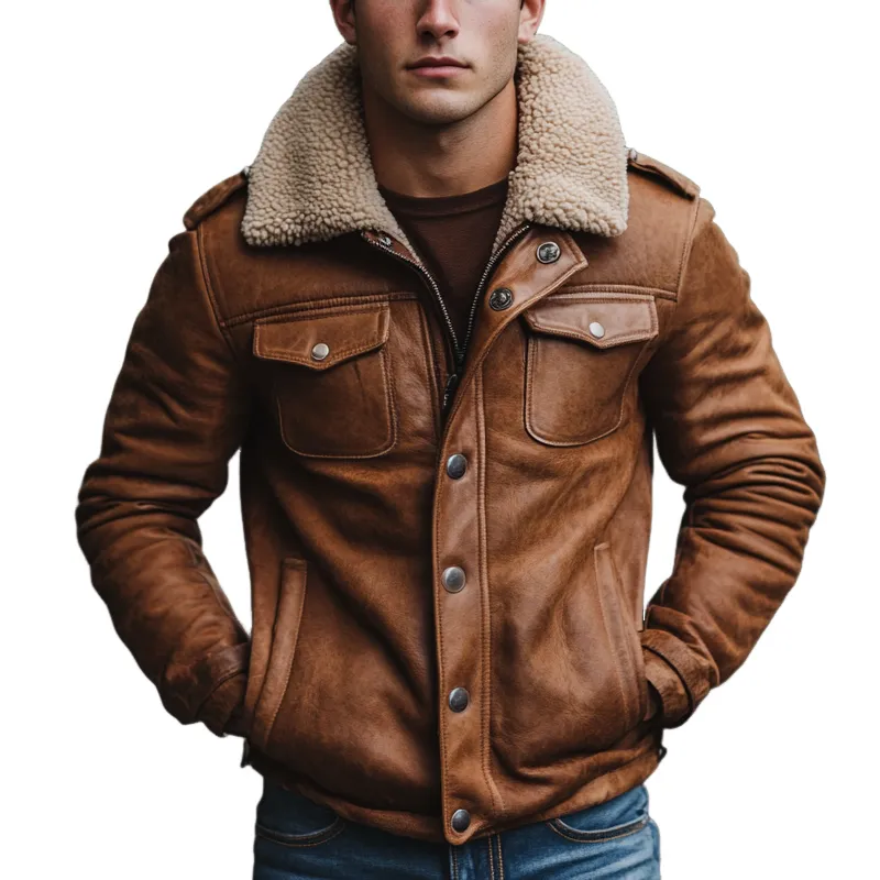 Men's Retro Fleece Collar Patchwork PU Leather Jacket MTA0710K6X sold by Manly