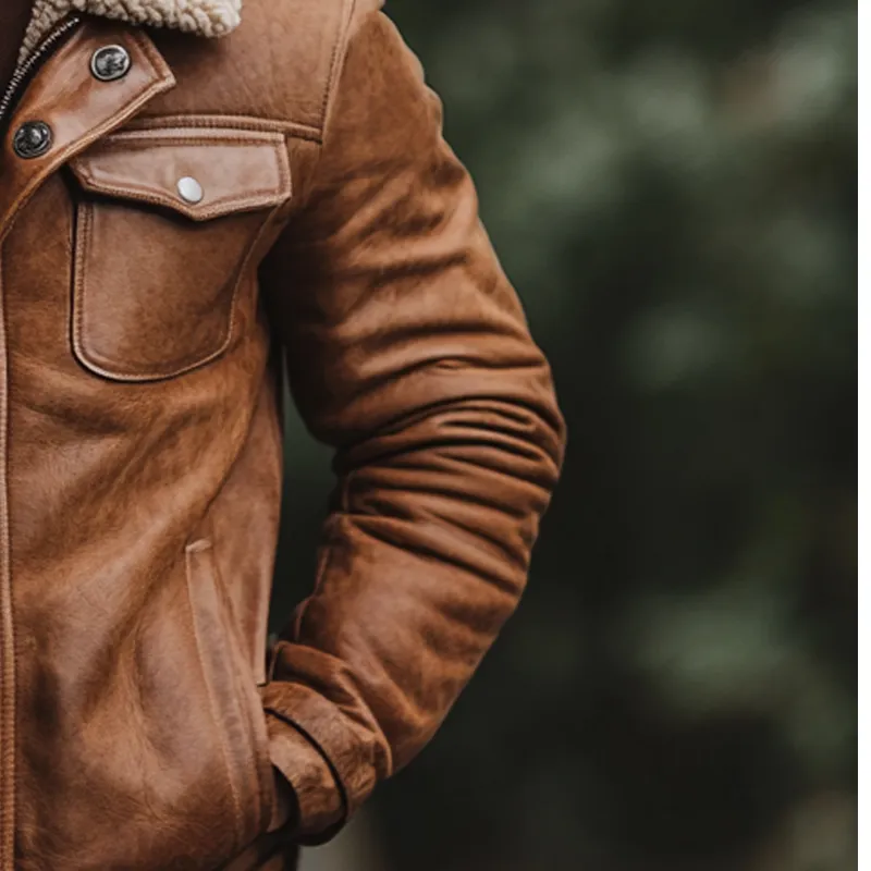 Men's Retro Fleece Collar Patchwork PU Leather Jacket MTA0710K6X sold by Manly product image thumbnail 4