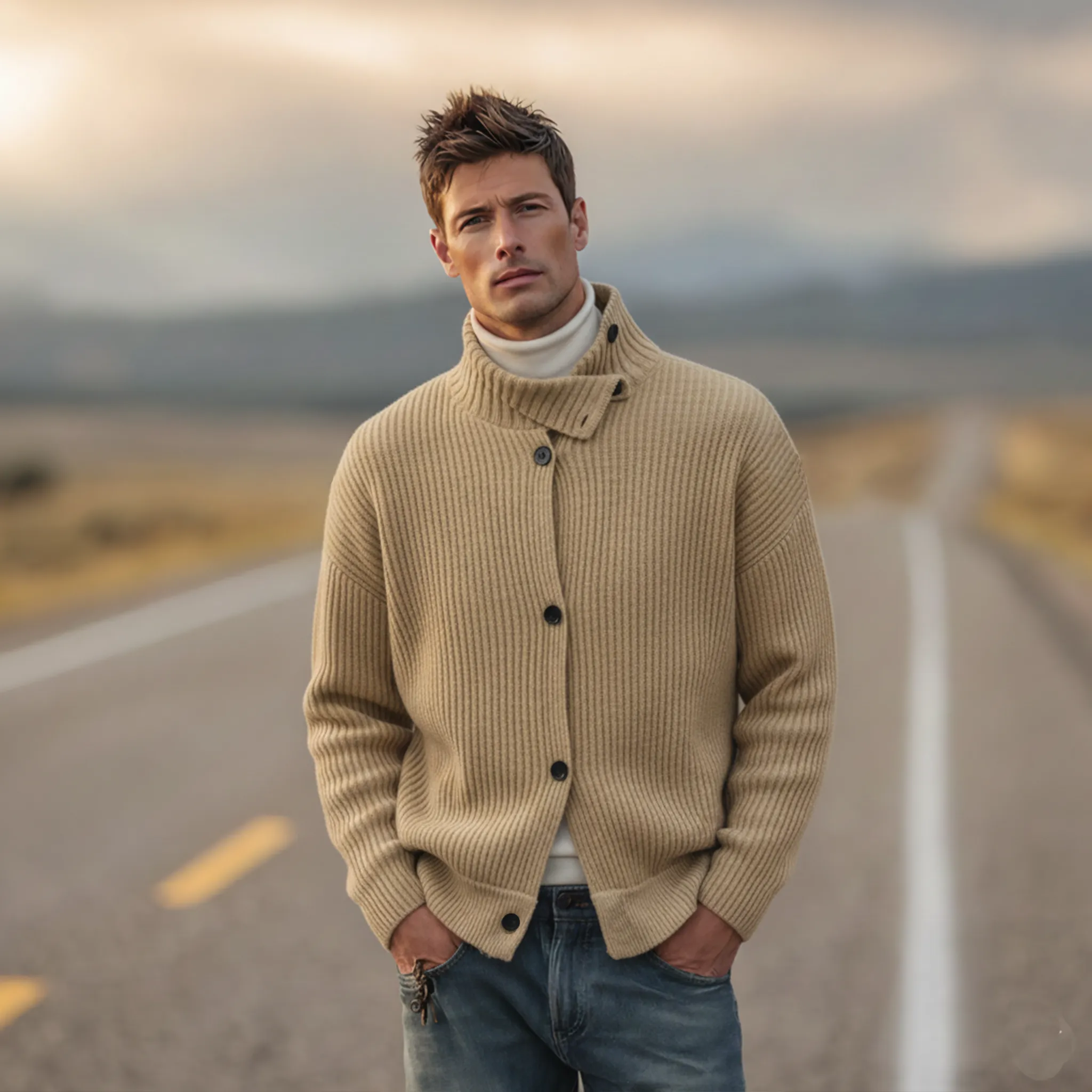 Men's Classic Retro Stand-up Collar Single-breasted Knit Cardigan MTA0714K1K sold by Manly product image thumbnail 2