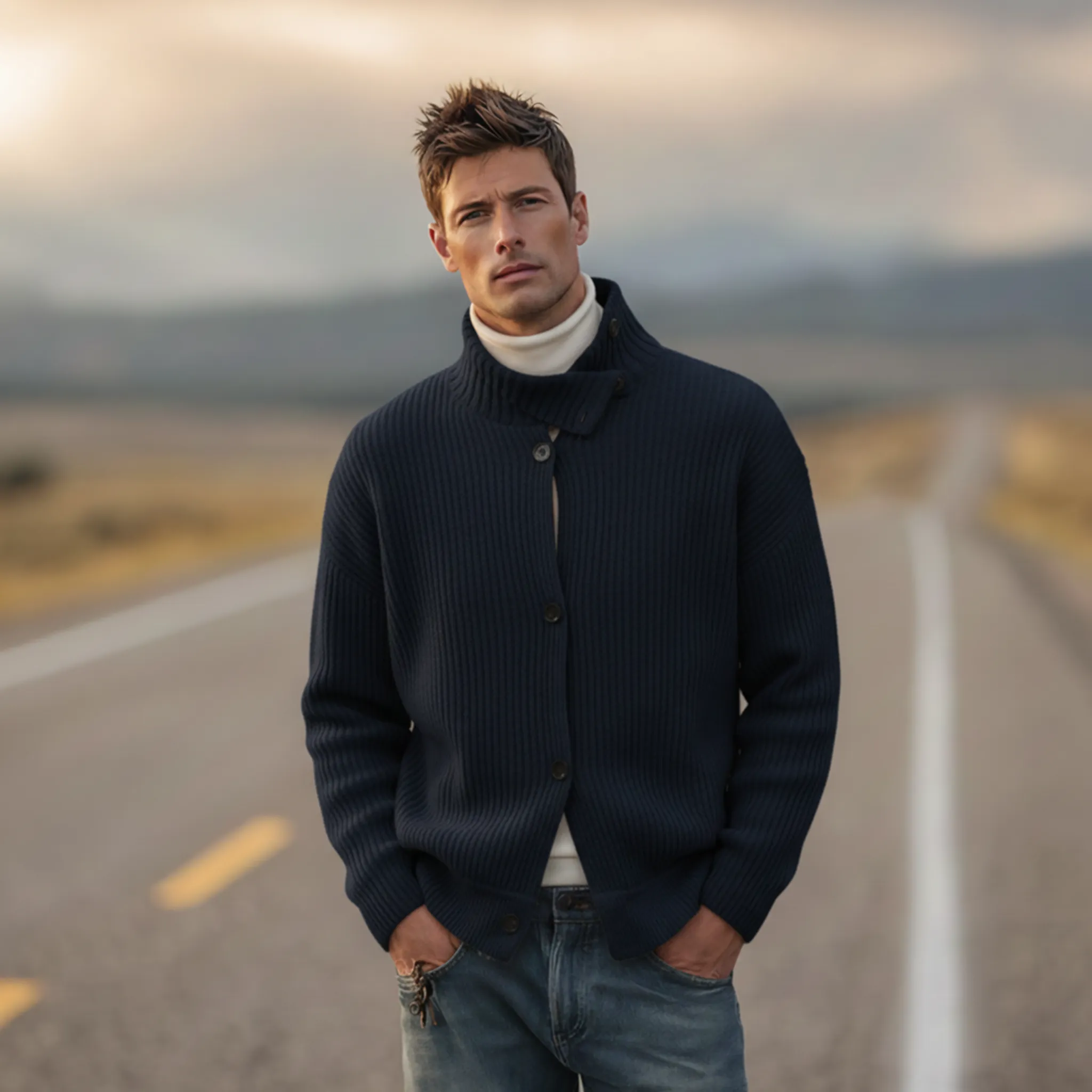 Men's Classic Retro Stand-up Collar Single-breasted Knit Cardigan MTA0714K1K sold by Manly product image thumbnail 3