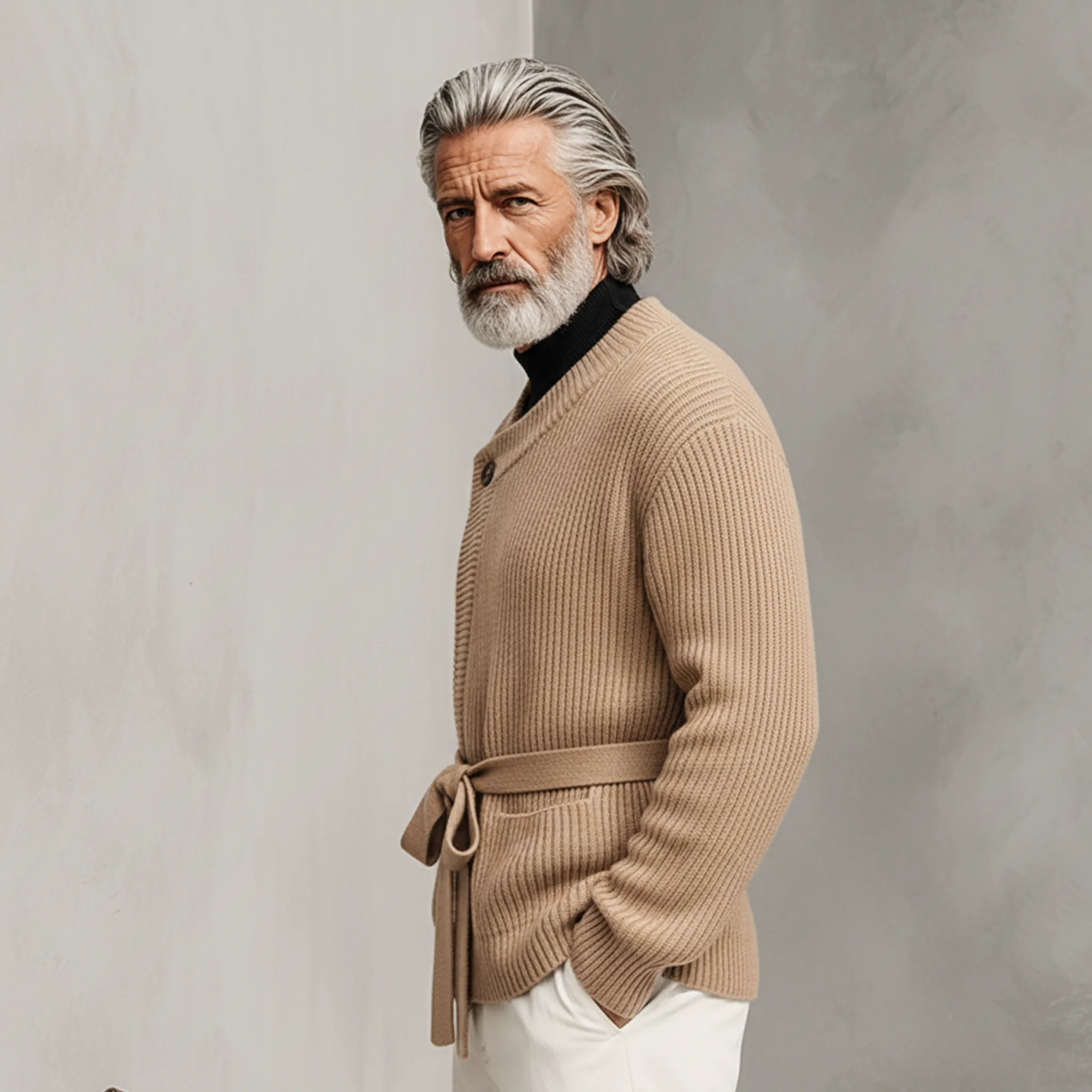 Men's Classic Retro Diagonal Placket Belted Knit Cardigan MTA0729K0K sold by Manly product image thumbnail 3