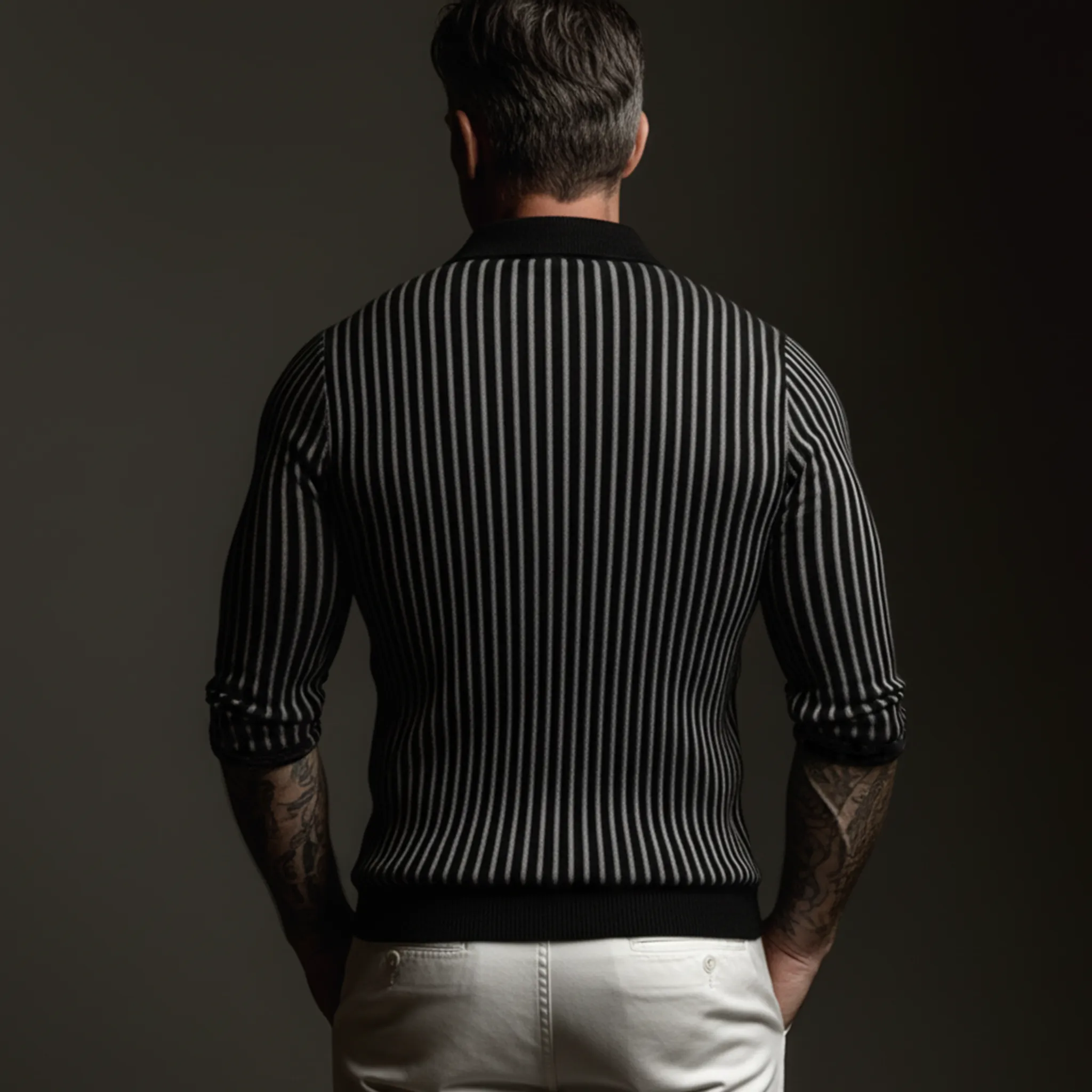 Men's Classic Polo Collar Black And White Striped Slim Fit Sweater MTA0760K5K sold by Manly product image thumbnail 4