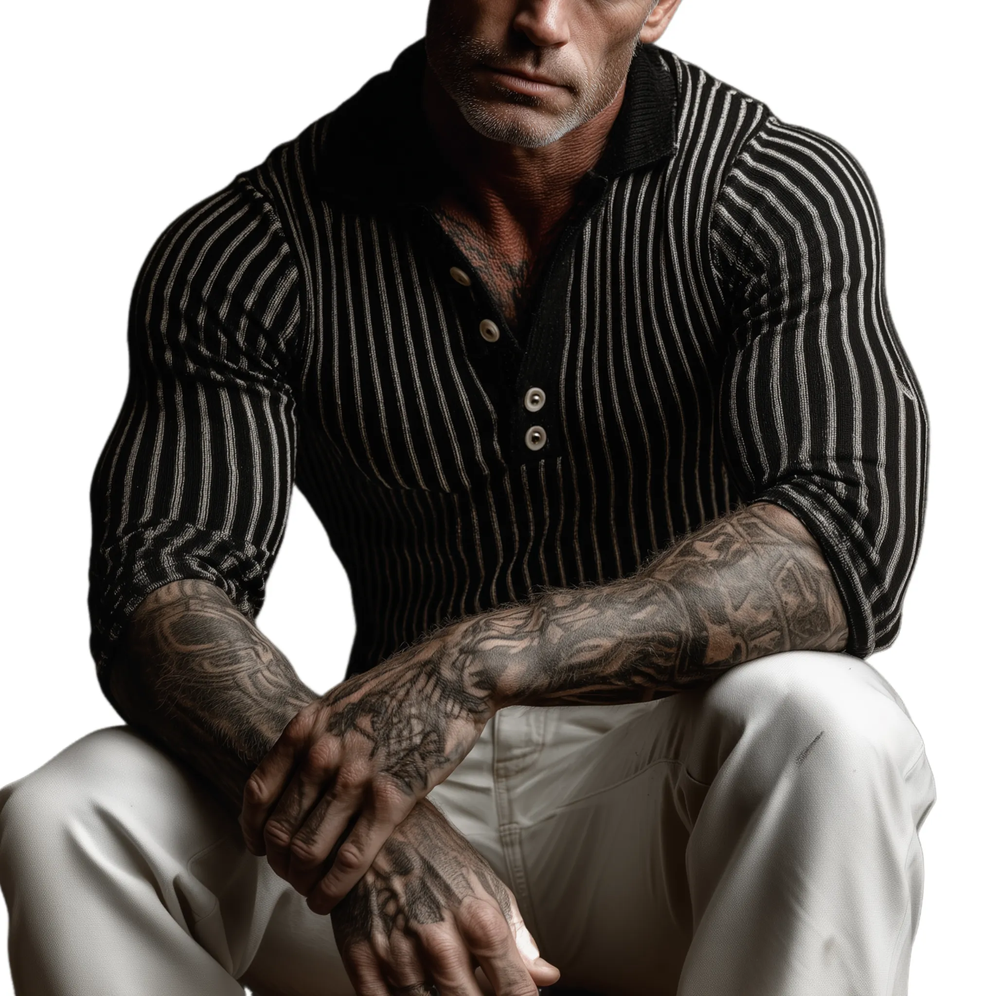 Men's Classic Polo Collar Black And White Striped Slim Fit Sweater MTA0760K5K sold by Manly