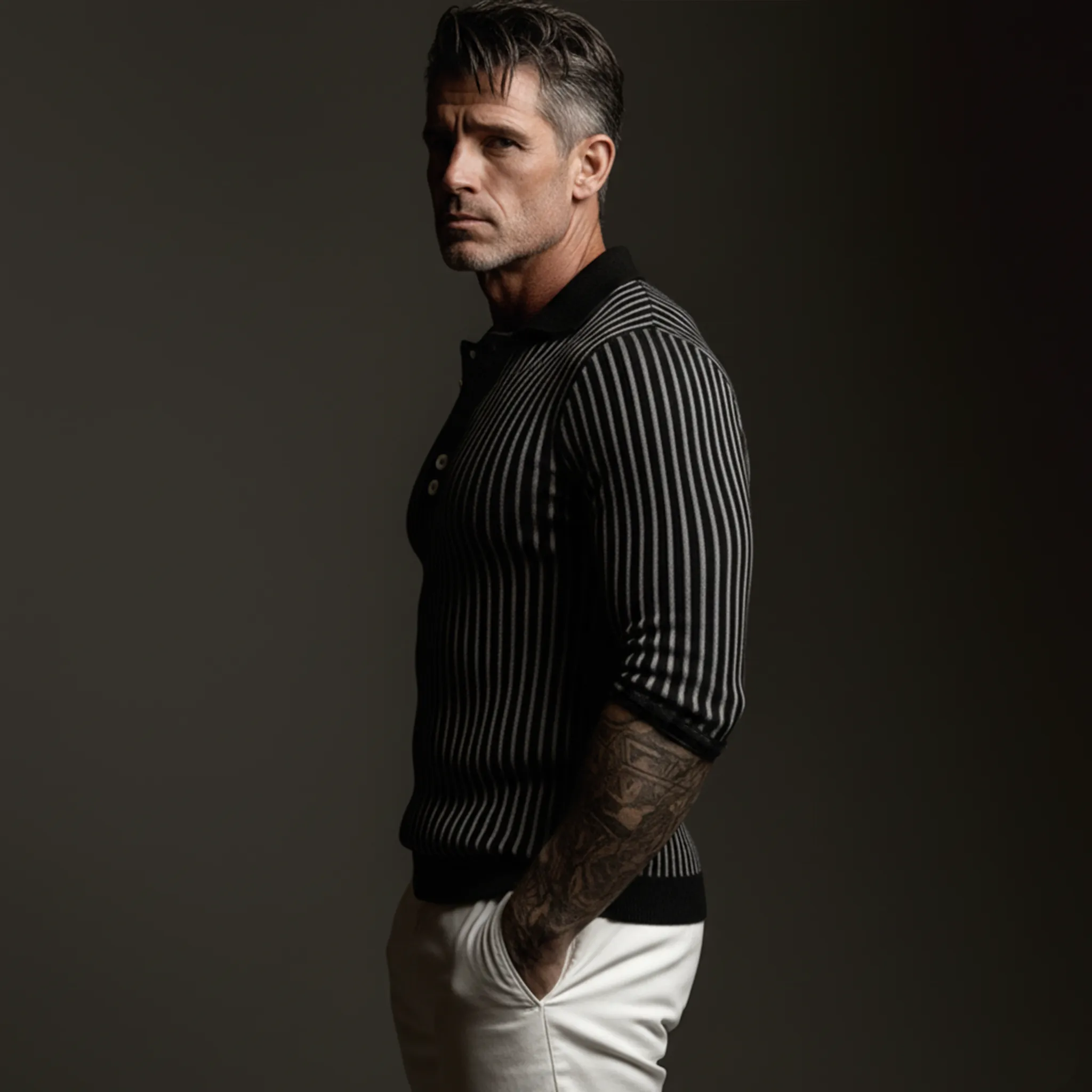 Men's Classic Polo Collar Black And White Striped Slim Fit Sweater MTA0760K5K sold by Manly product image thumbnail 3