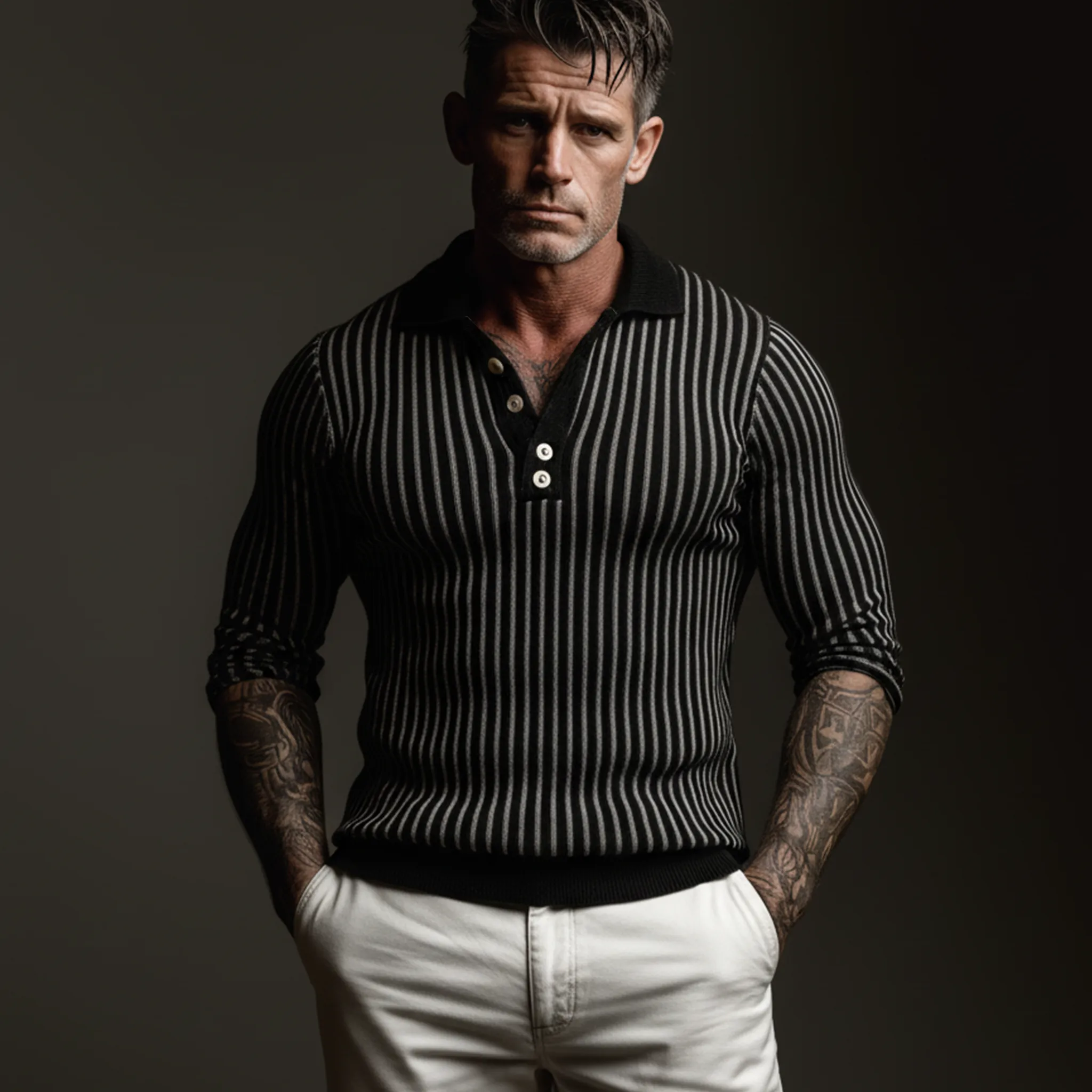 Men's Classic Polo Collar Black And White Striped Slim Fit Sweater MTA0760K5K sold by Manly product image thumbnail 2