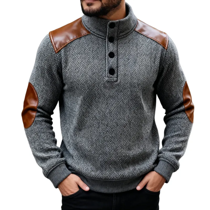 Men's Retro Casual Herringbone Patchwork PU Stand Collar Sweatshirt MTA0608K8TO sold by Manly