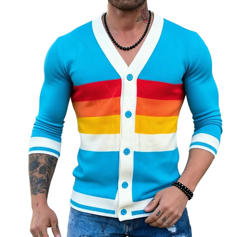 Men's Retro Casual Rainbow Striped Knit Color Block Shirt Cardigan MTA0679K8TO sold by Manly