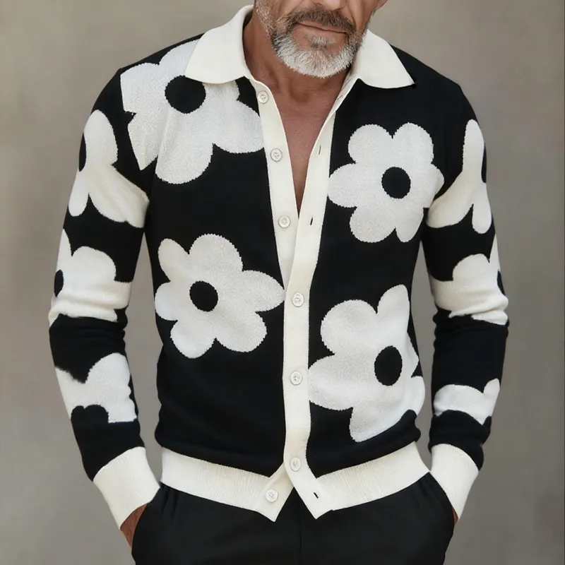 Men's Retro Casual Knitted Floral Color-Blocked Shirt Cardigan MTA0692K0TO sold by Manly product image thumbnail 2