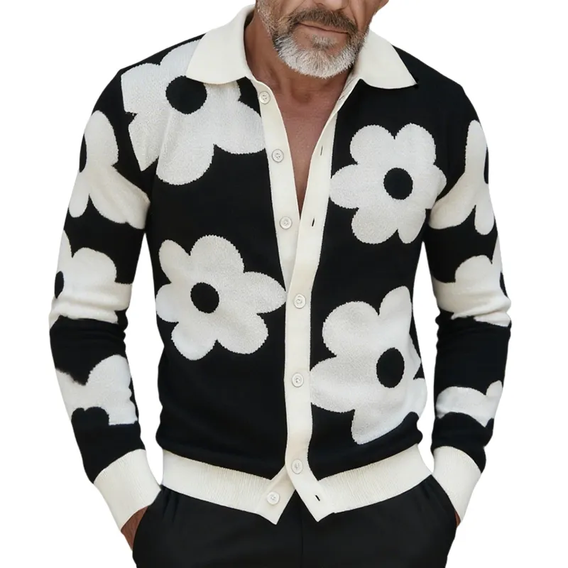 Men's Retro Casual Knitted Floral Color-Blocked Shirt Cardigan MTA0692K0TO sold by Manly