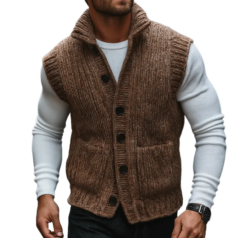 Men's Retro Casual Knitted Stand Collar Button Vest MTA0496K7TO sold by Manly