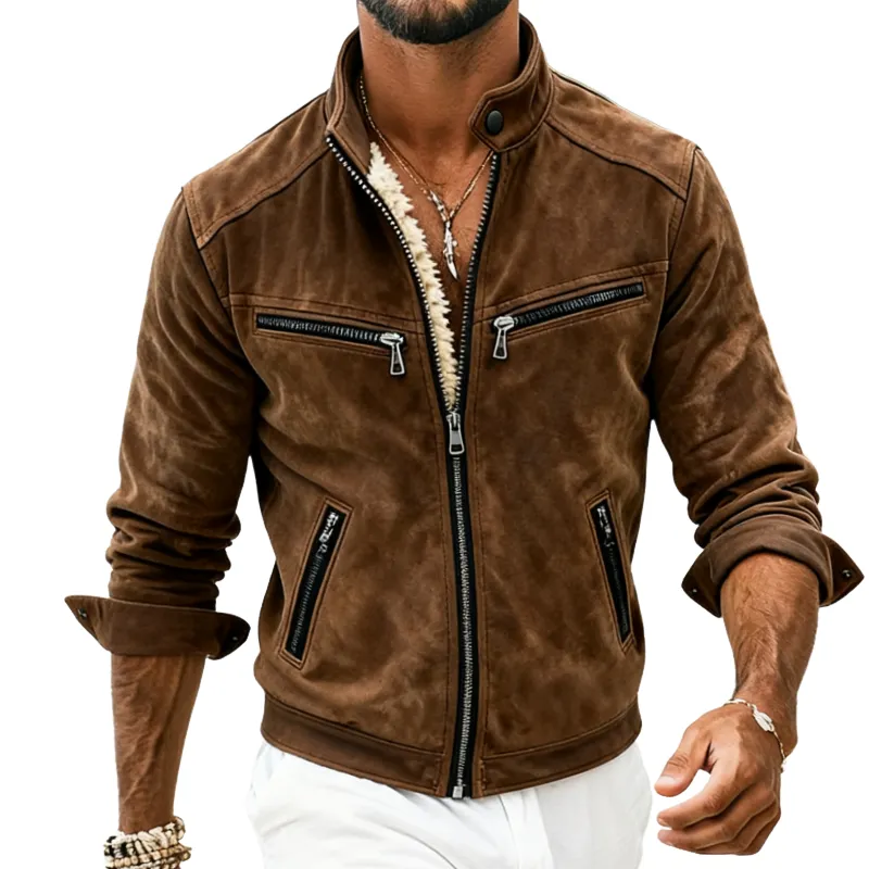 Men's Retro Casual Faux Suede Plush Lined Stand Collar Zipper Jacket MTA0661K4TO sold by Manly