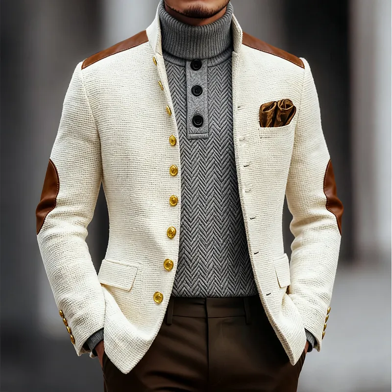Men's Retro Casual Solid Color Tweed Patchwork PU Blazer MTA0666K1TO sold by Manly product image thumbnail 2