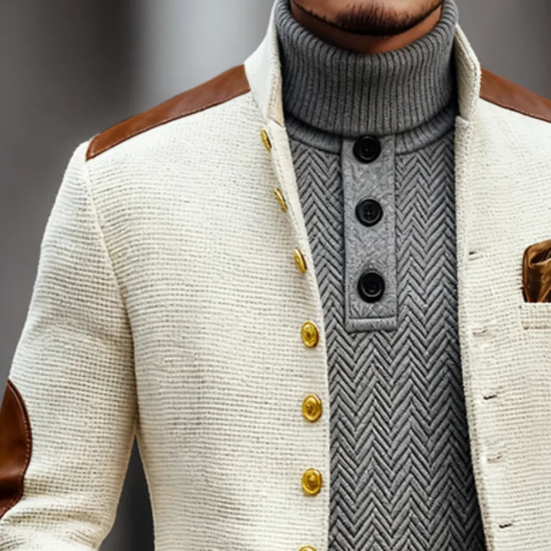 Men's Retro Casual Solid Color Tweed Patchwork PU Blazer MTA0666K1TO sold by Manly product image thumbnail 3