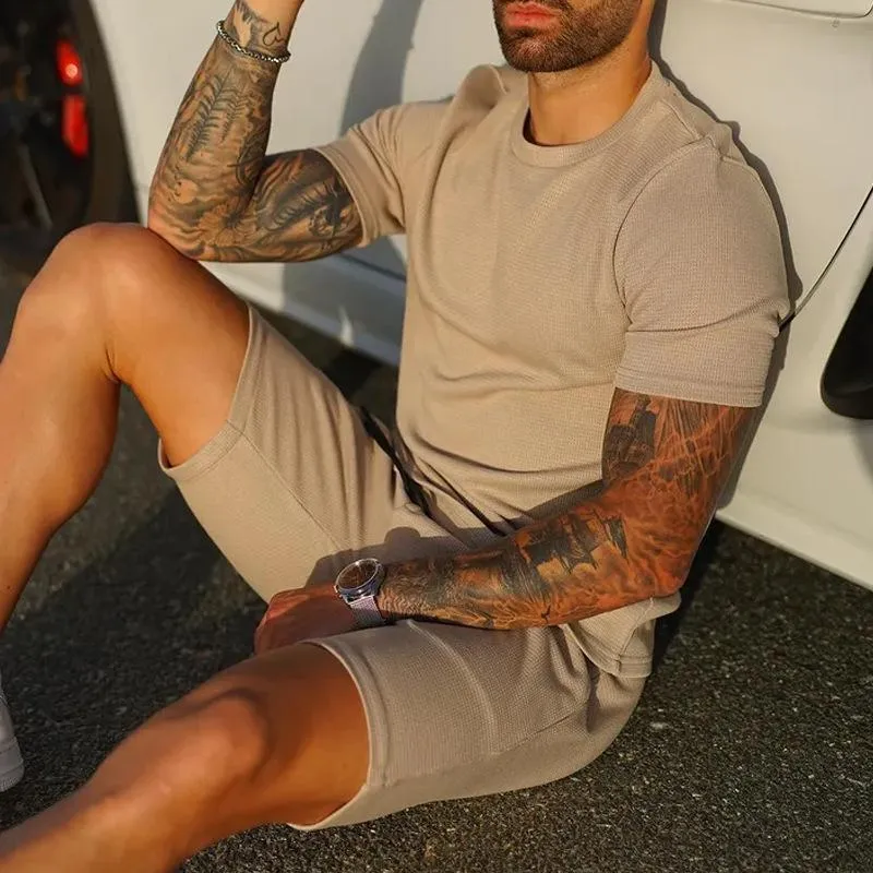 Men's Solid Loose Round Neck Short Sleeve T-shirt Shorts Set 86538669Z sold by Manly product image thumbnail 4